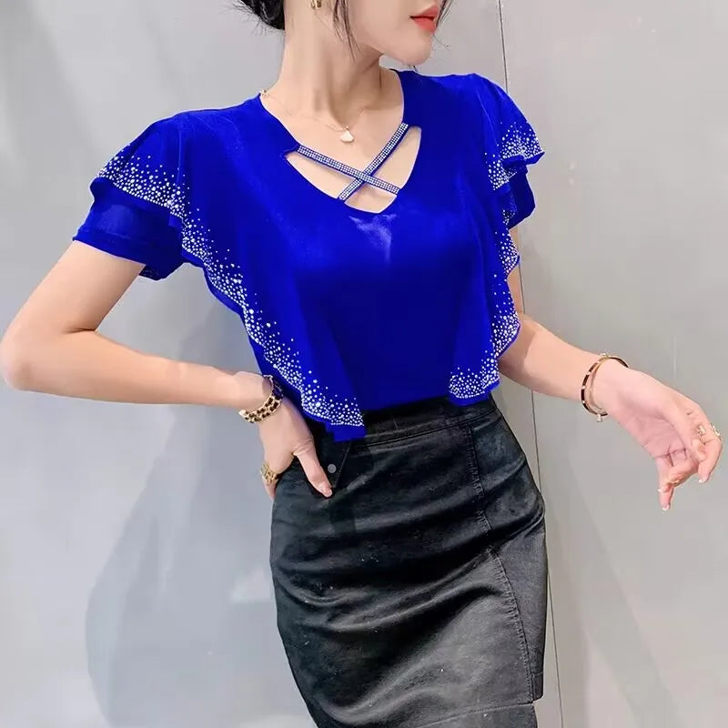 High Quality Summer Women's T-Shirt Fashion Casual V-NeckHollow Out Hot Diamonds Tees Female Ruffled Short Sleeved Mesh Tops