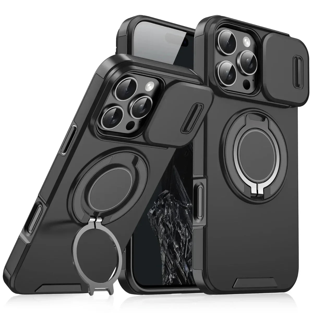 New Armor Magnetic Bracket Cases for iPhone 16 14 13 12 11 15 Pro Max Plus With Lanyard Slide Camera Protection Shockproof Cover
