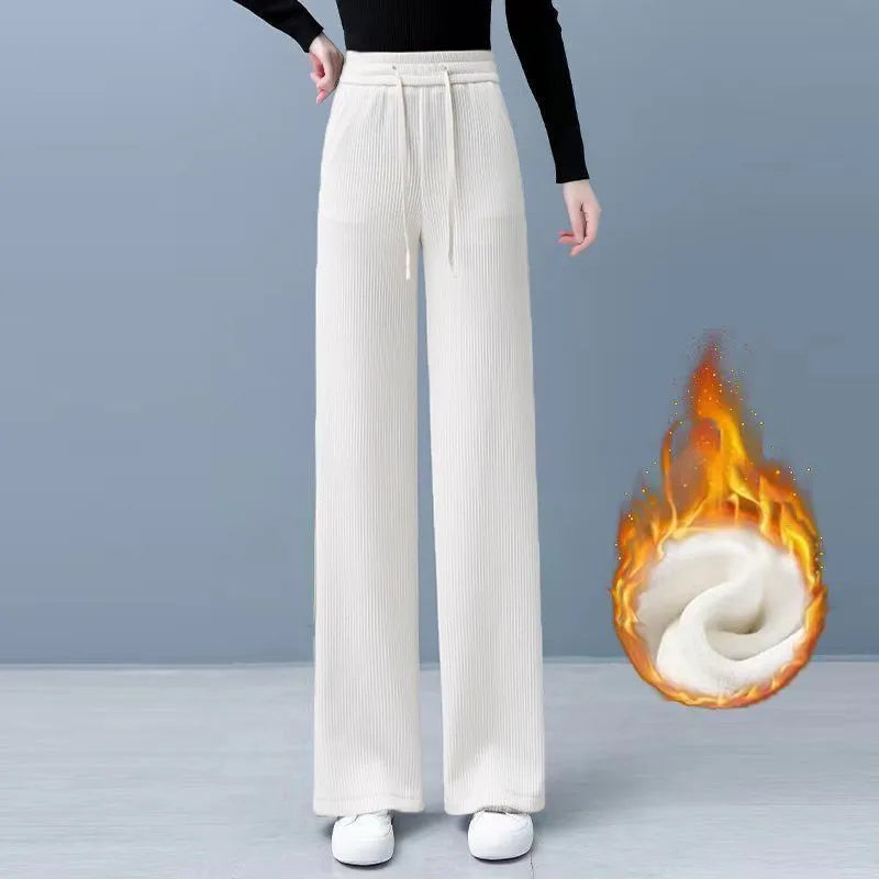 Thickened Fleece Wide Leg Pants Women's Casual Straight Cut Velvet Slimming Versatile Autumn Winter Fashion High Waist Trousers