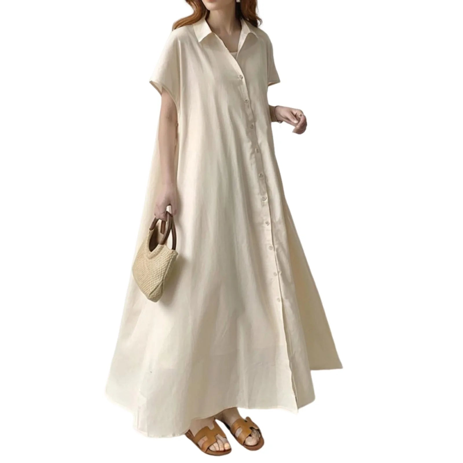 Women's shirt dress loose casual solid color lapel single-breasted short-sleeved dress summer long dresses vestidos femenino