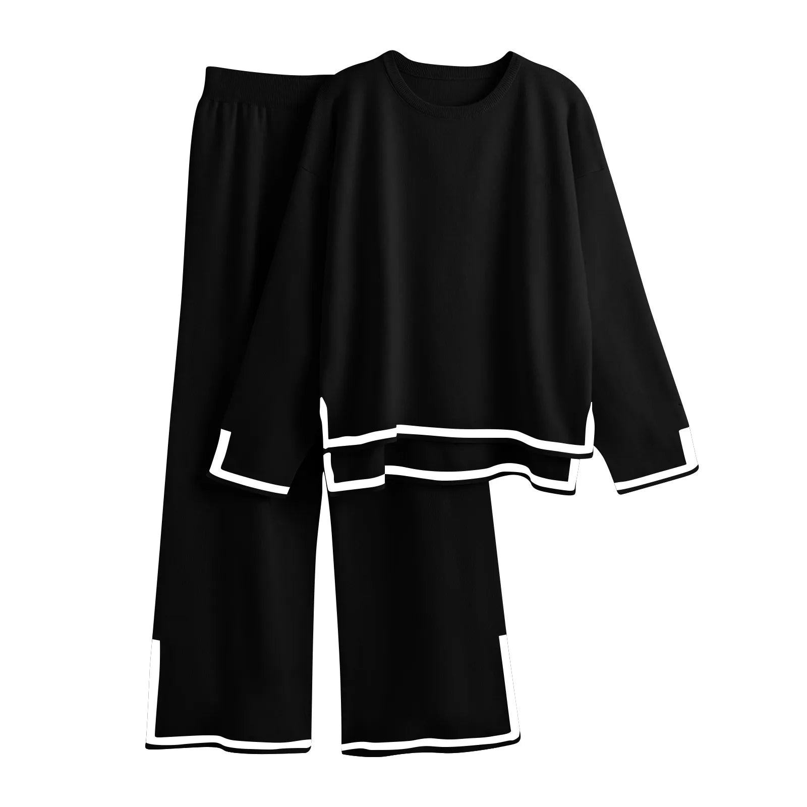 Knitted Women's Trousers Suit Two Piece Set Solid Color Winter Loose Long Sleeve Knitwear Flare Pants Sets Female Casual Suits