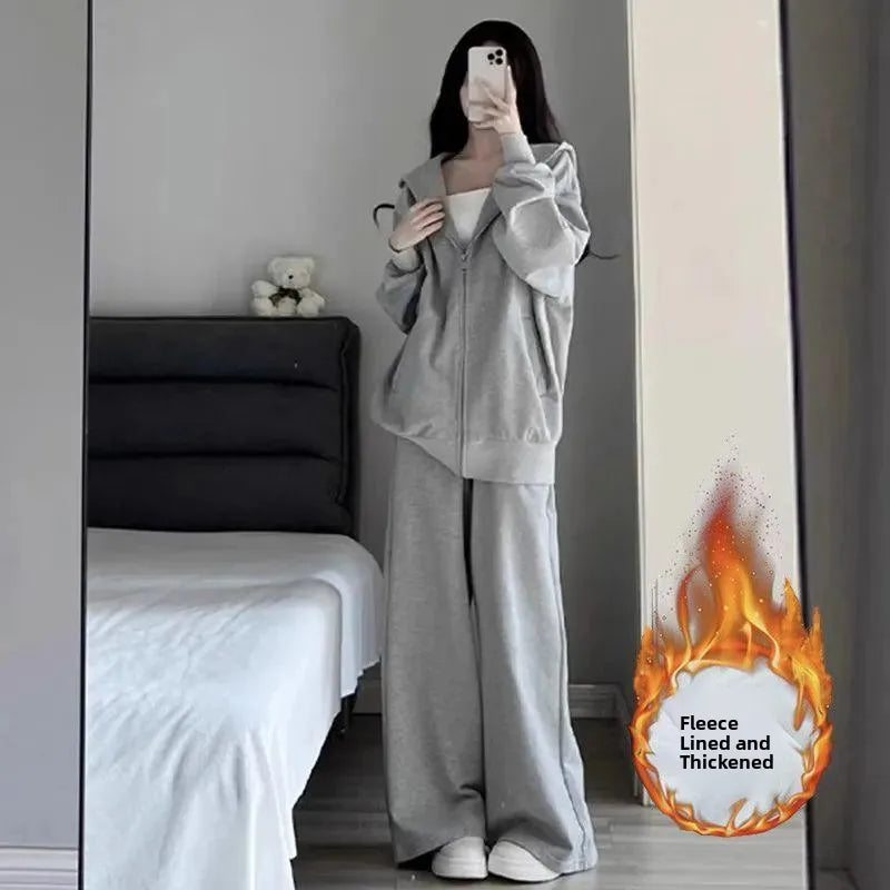 Casual Sportswear Set Women's Spring Autumn New Loose Korean Fashion Versatile Fleece Sweatshirt Two-Piece Trendy Outfit