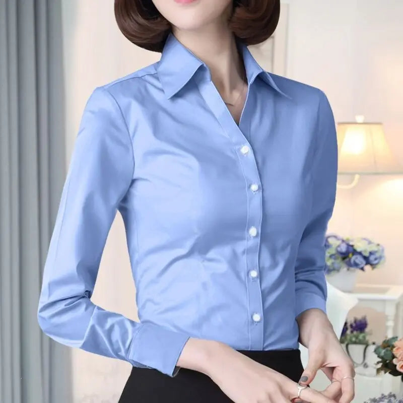 Spring Autumn New All-match Simplicity Office Blouse Long Sleeve Polo Neck Solid Slim Shirt Tops Elegant Fashion Women Clothing