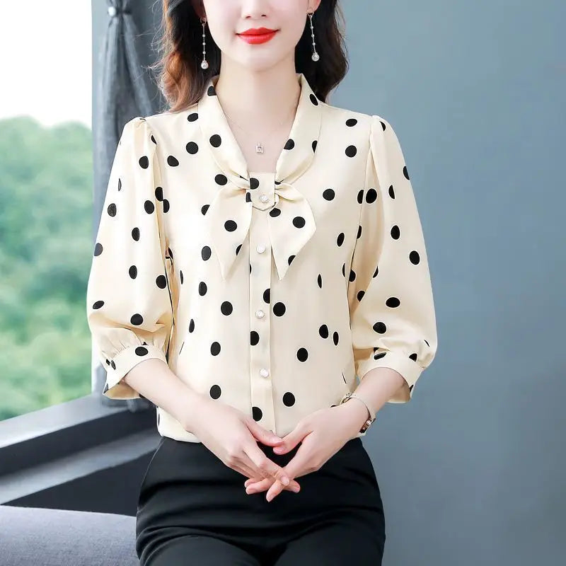 V-neck and Three-quarter Sleeve Middle-aged and Streamer Chiffon Slim and Versatile Age-reducing Fashion Thin Shirt