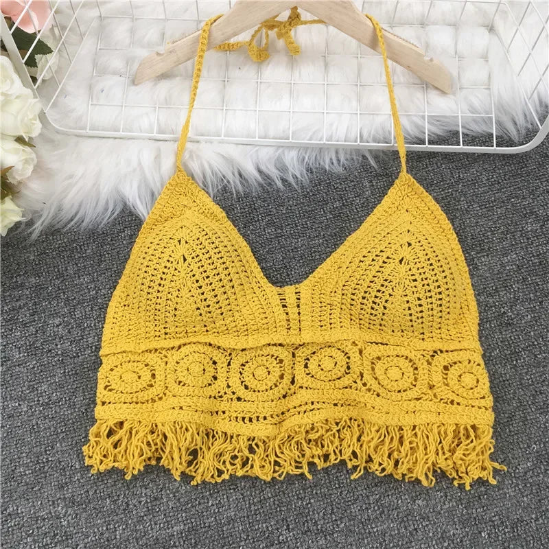 Crop Tops Retro Wild Hollow Perspective Tassel Sexy Spaghetti Strap Tanke Top Women Built In Bra 2021 New Back Lace Halter Neck