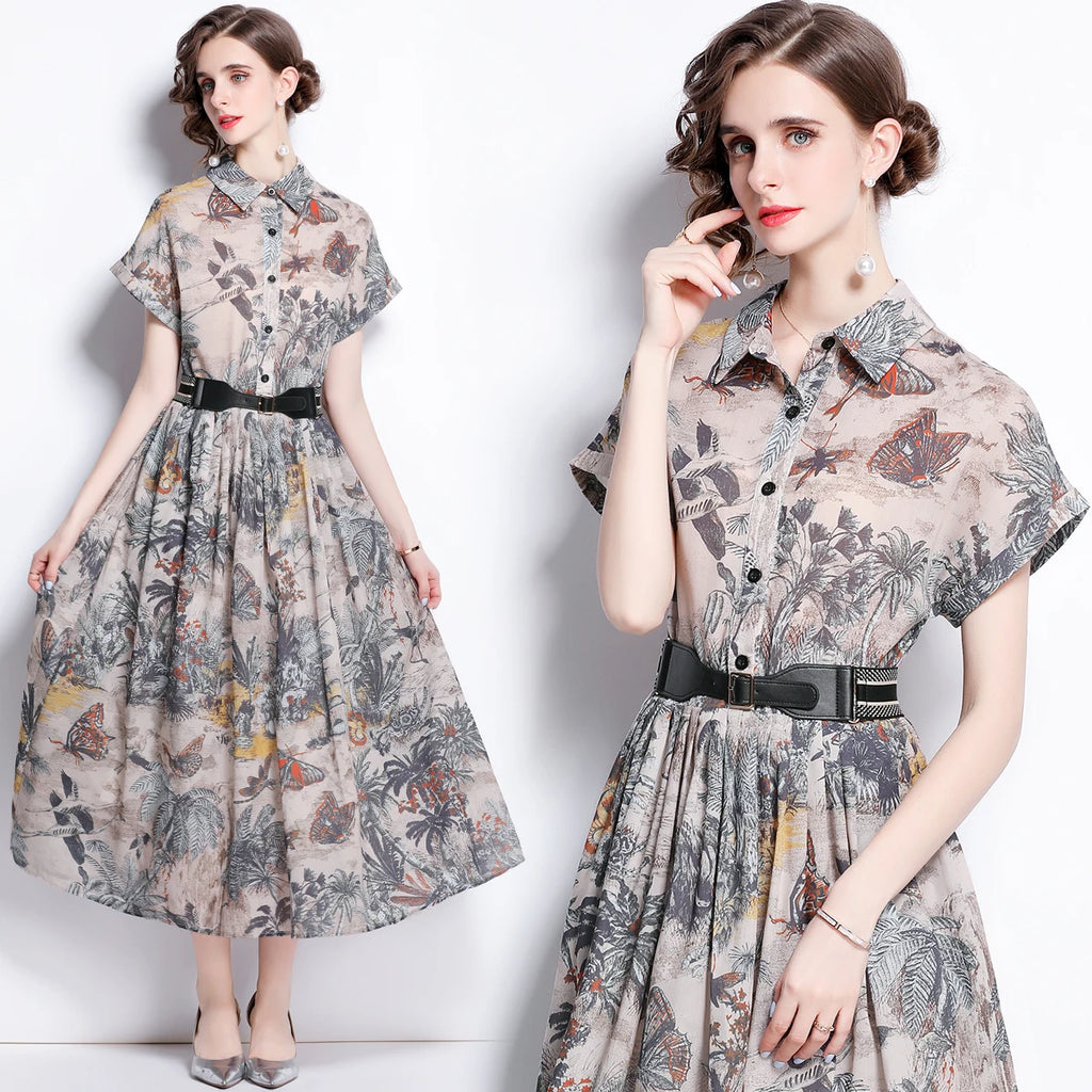 Designer Summer Women's A-Line Dresses 2023 Runway Elegant Lapel Short Sleeve Vintage Printed Midi Vestidos Robes Ladies M1861