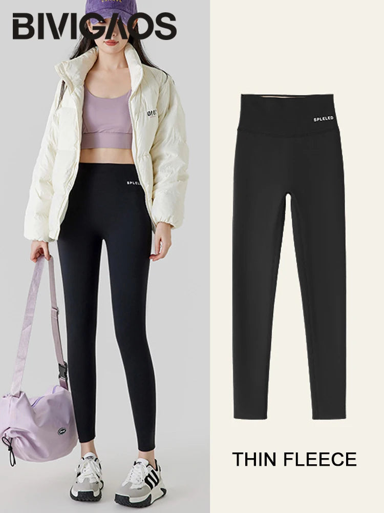 BIVIGAOS Autumn New Rabbit Velvet Shark Leggings Women High Waist Thin Fleece Warm Leggings Winter Seamless Sport Casual Legging