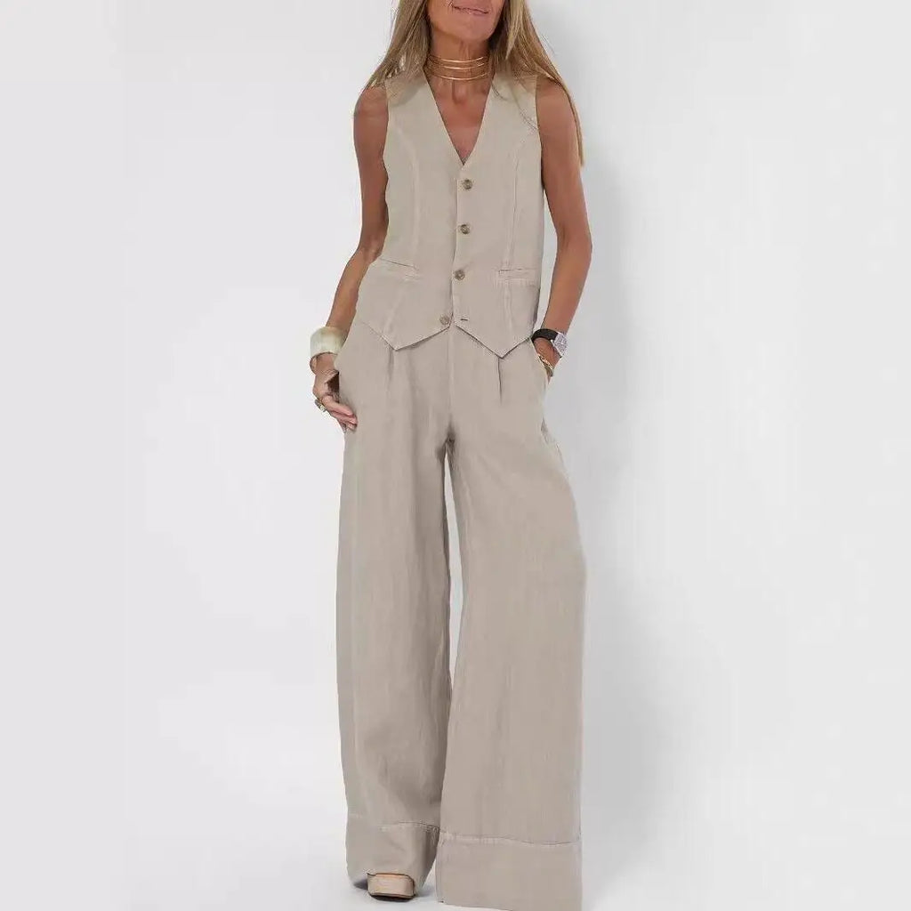 Fashionable Patchwork Cotton Linen Vest Wide Leg Pants Two Piece Set 2025 Spring Commute Style  Color Women's Suit