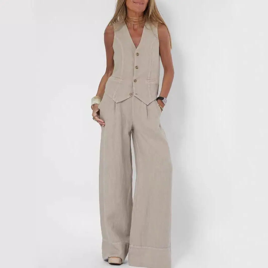 Fashionable Patchwork Cotton Linen Vest Wide Leg Pants Two Piece Set 2025 Spring Commute Style  Color Women's Suit