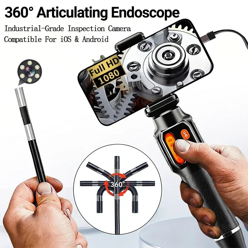 360 Degree Rotation Endoscope Camera 6mm Lens HD Articulated Inspection Borescope Camera IP67 for Automotive Car IOS Android