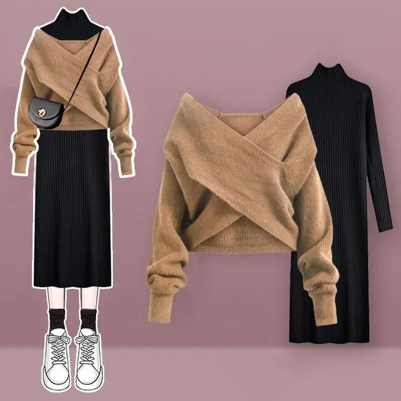 Solid V-neck Sweater Dress Women Autumn Suit Women Korean New Fashion Red Sweater Mid-length Knitted Skirt Two-piece Set