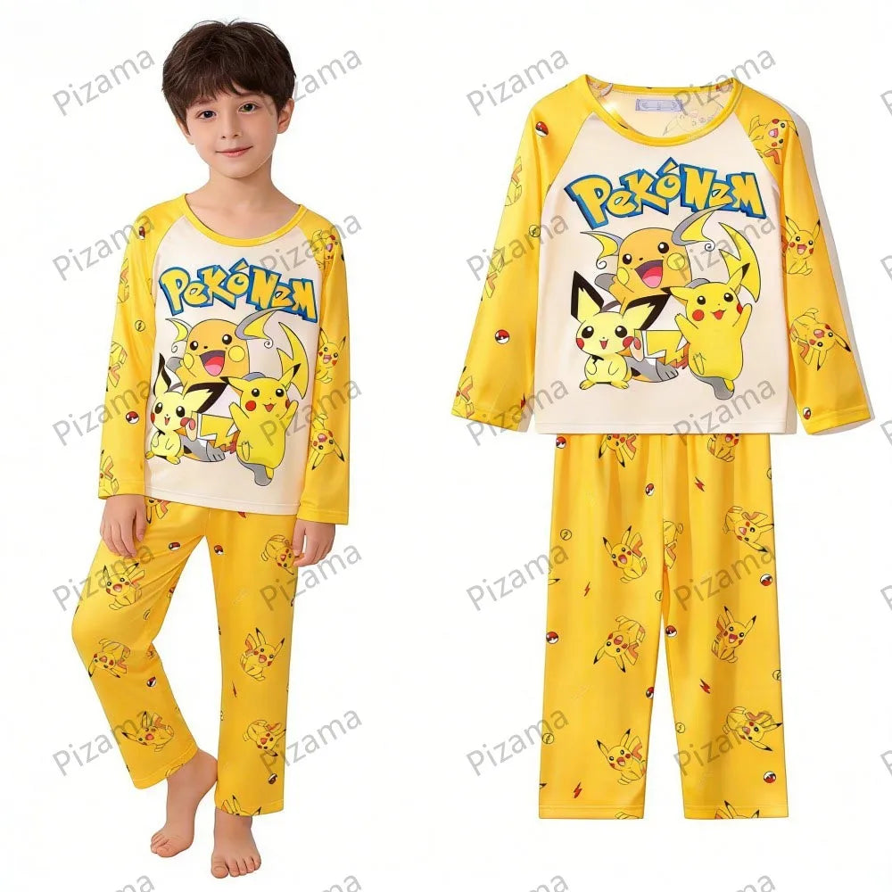 Full Sleeve Pokemon Anime Pikachu Children's Cartoon Pajamas Sets Teenager Home Clothes Kid Pyjamas Boy Sleepwear Adult Pyjamas