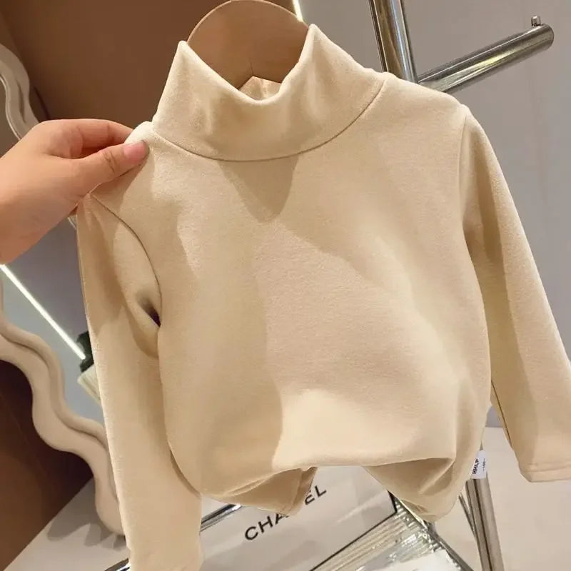 Winter Baby Warm Top Boys Girls Velvet Inner Solid Color Bottom Children's Half High Collar Long Sleeve T-shirt Kids Clothes