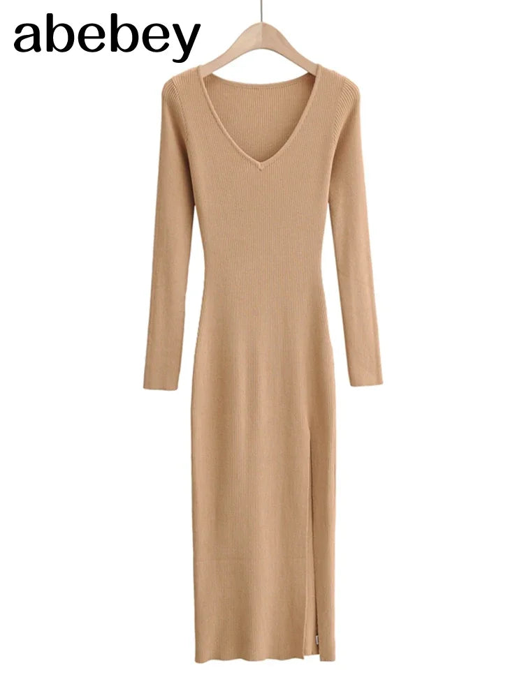 2026 New Basic Fashion Women Elastic Solid Elegant V Neck Sweater Dress Long Sleeve Ladies Side Open Midi Long Dress
