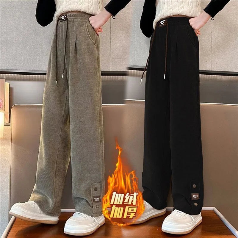 Girls Padded Wide-Legged Pants Kids Plus Velvet Warm Trousers Teen High Waist Streetwear Baggy Pant Children Loose Straight Pant