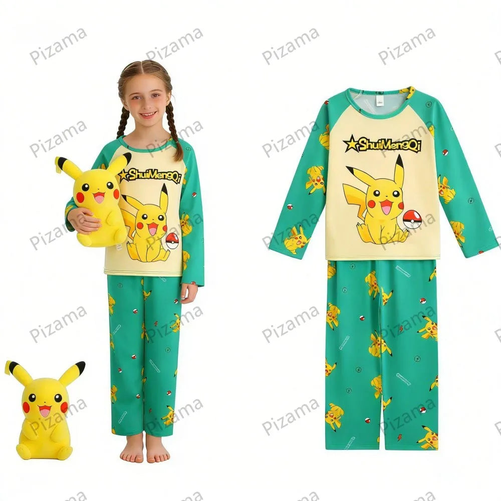 Full Sleeve Pokemon Anime Pikachu Children's Cartoon Pajamas Sets Teenager Home Clothes Kid Pyjamas Boy Sleepwear Adult Pyjamas