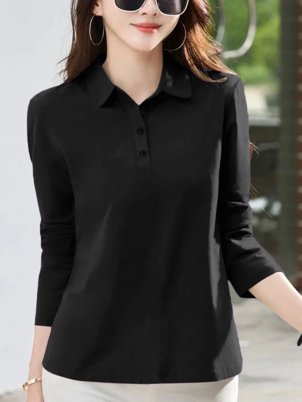 Women's  irt Long Sve T-irt Pure Cotton Loose Fit Autumn New Sle Versatile Turn-down Collar Base Top