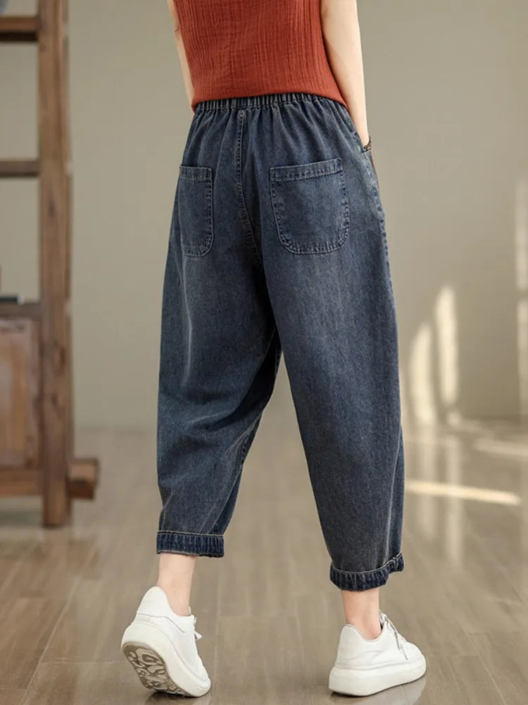 Retro Full Cotton Washed Denim Pants Women's Spring Summer Elastic Waist Patchwork Dad Harlan Blue Straight Leg Trousers