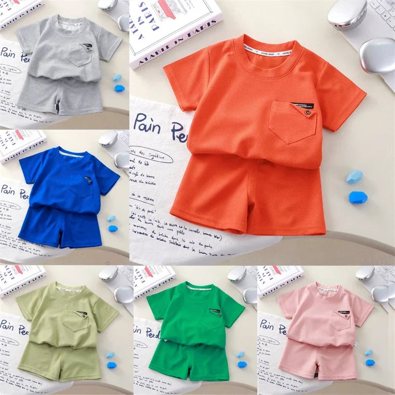 Children Clothing Summer Waffle Short Sleeved Outfits Fashion Boys Girls Casual Sports Shirt Suits Thin Solid Kids Top+pants Set