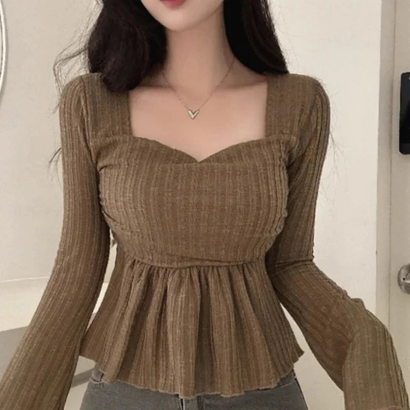 Chic Autumn Pure Desire Style Square Collar Pleated Slim Fit Bell Sleeve Knitted Top Women's Business Casual Fashion