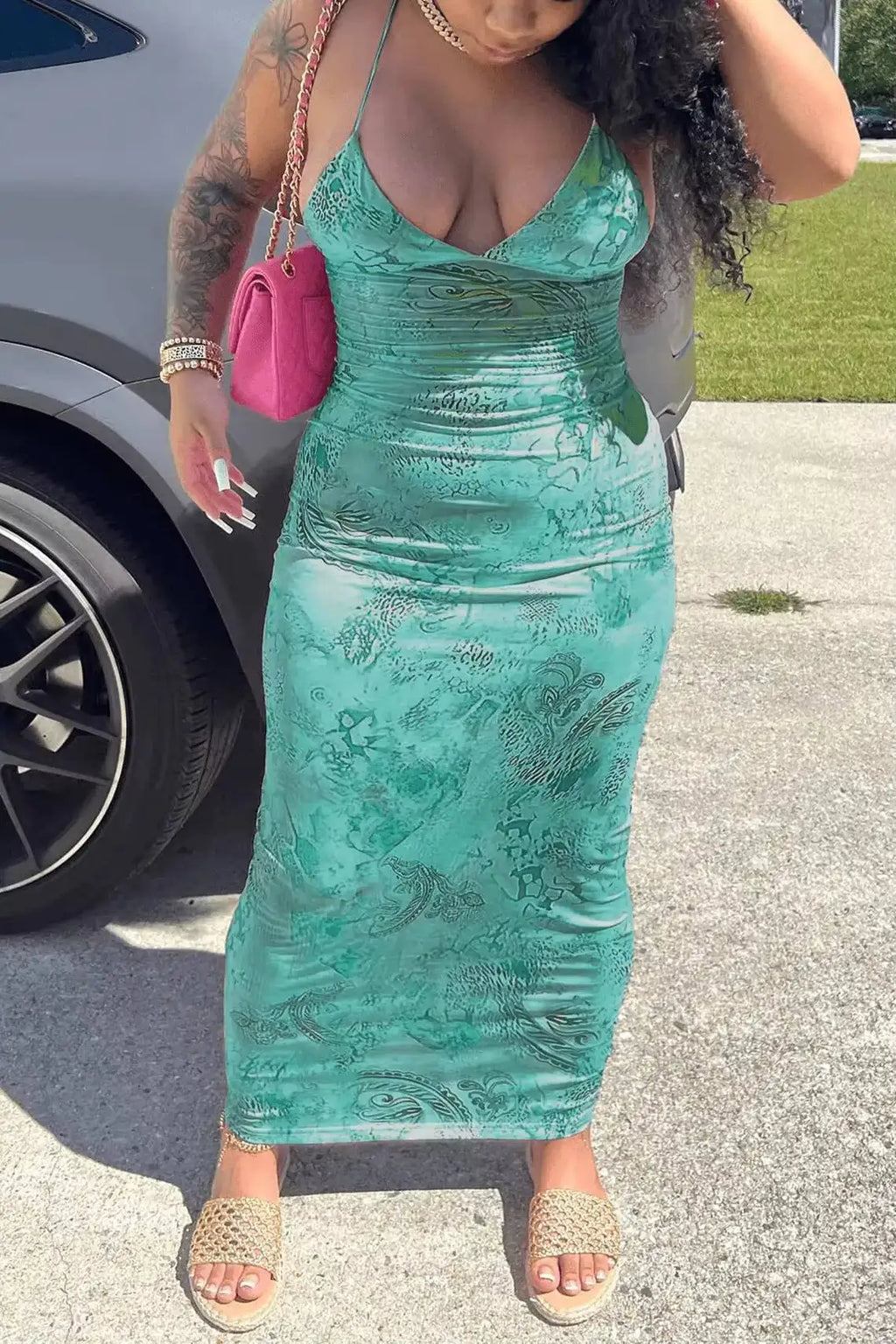Maxi Dress Spring Summer Women Teal Spaghetti Strap Cowl Neck Ruched Paisley Print Bodycon Sexy Chic Vacation Beach Party Dress