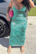 Maxi Dress Spring Summer Women Teal Spaghetti Strap Cowl Neck Ruched Paisley Print Bodycon Sexy Chic Vacation Beach Party Dress