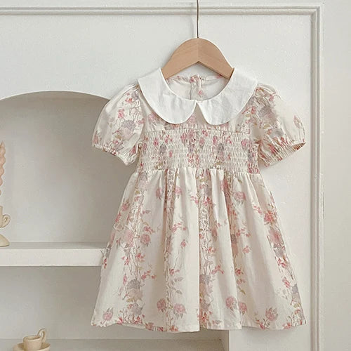 2024 New Summer Sisters Clothes Girls Princess Dress Toddler Baby Bodysuits Short Sleeved Cotton Print Kids Party Dress