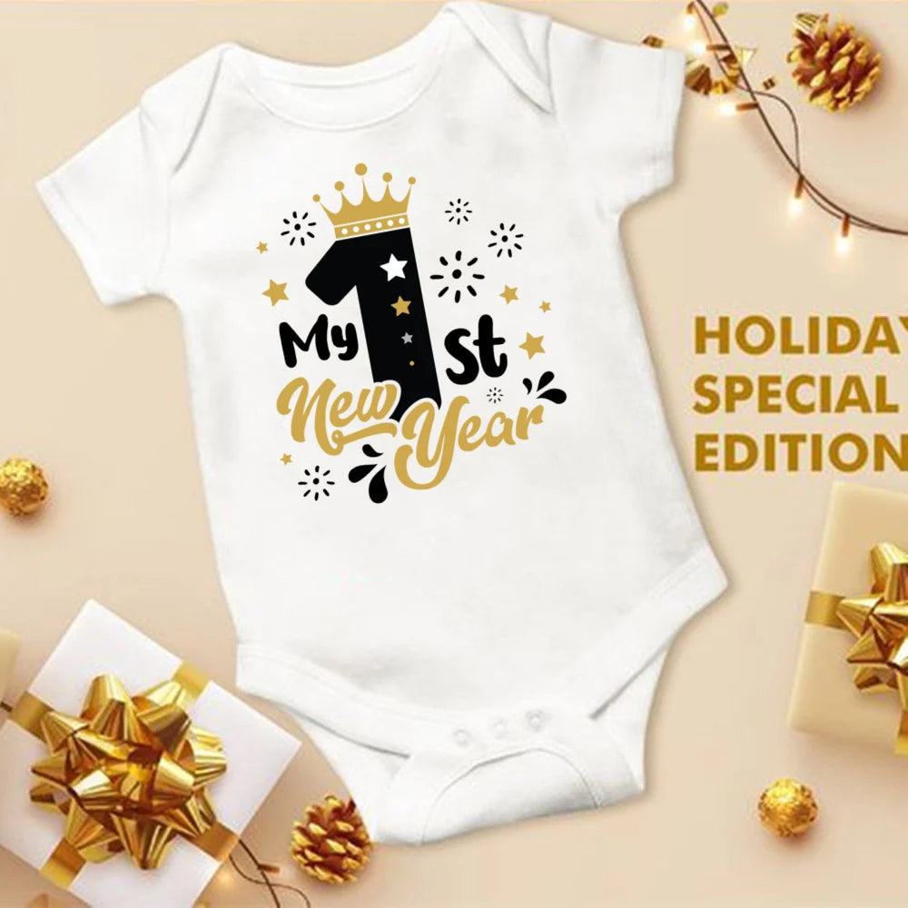 My First New Year Printed Baby Romper New Year Infant Romper Short Sleeve Jumpsuit Toddler Holiday Clothes Newborn Shower Gifts