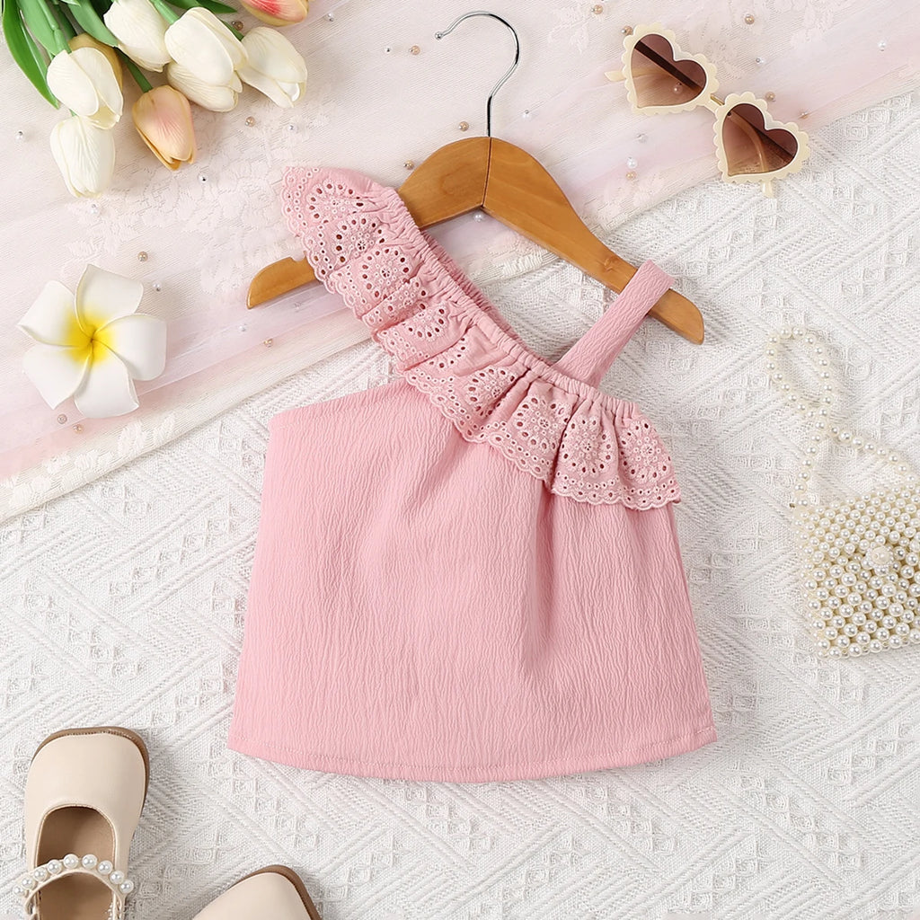 Single room baby girl fashion cute suspender pink lace ruffle collar casual T-shirt summer