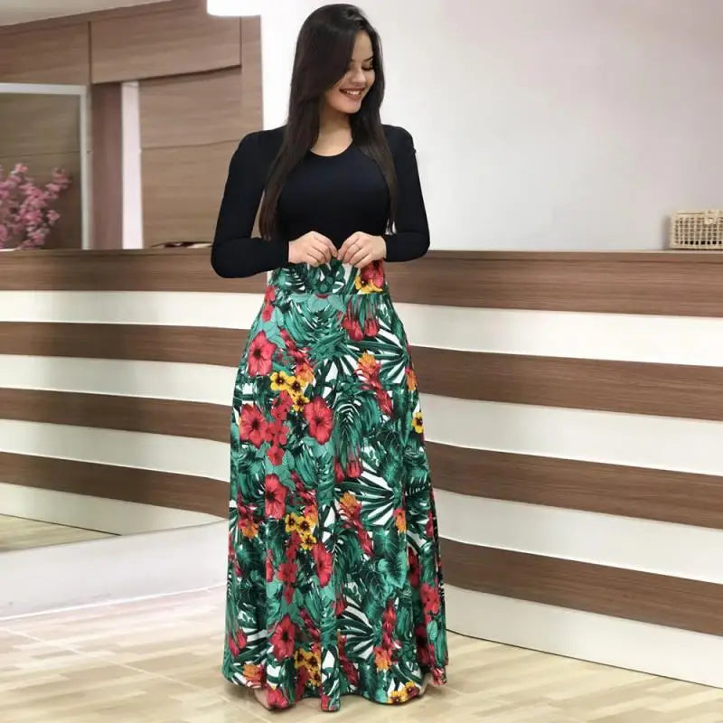 Wish Best Selling Floral Print Color Block Long Sleeve Dress Women's Maxi Dress round Neck Other Material 100% Summer 2020