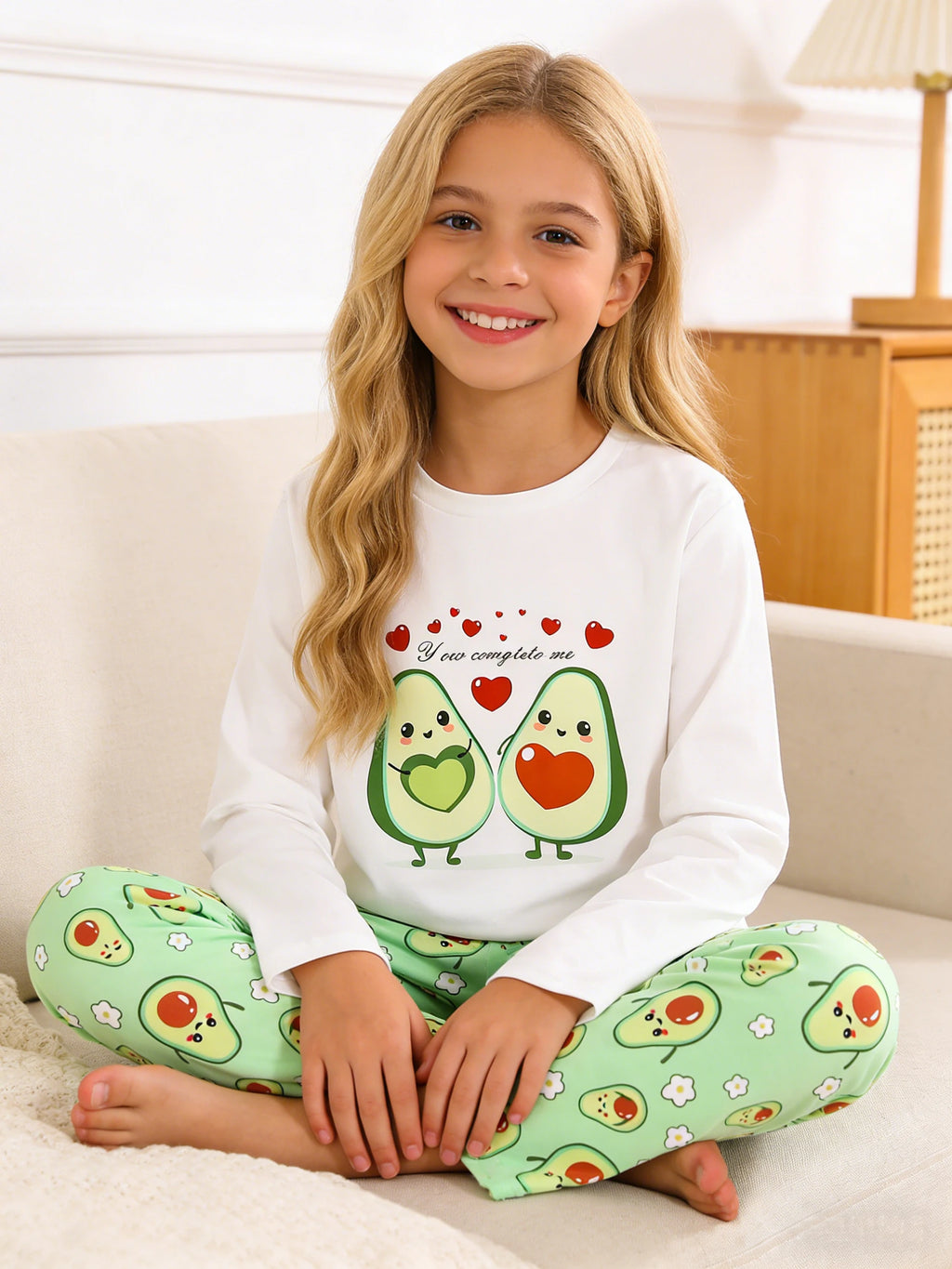 Girls' fashion home clothes set, children's spring and autumn avocado smile heart pajamas and pants, suitable for home wear