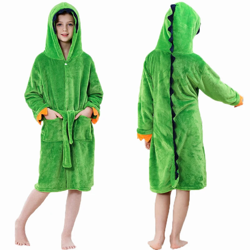 Kigurumi Dinosaur Bathrobes for Children 3 5 7 9 11 13 Years Kids Animal Flannel Homewear Boy Hooded Sleepwear Girls Nightgown