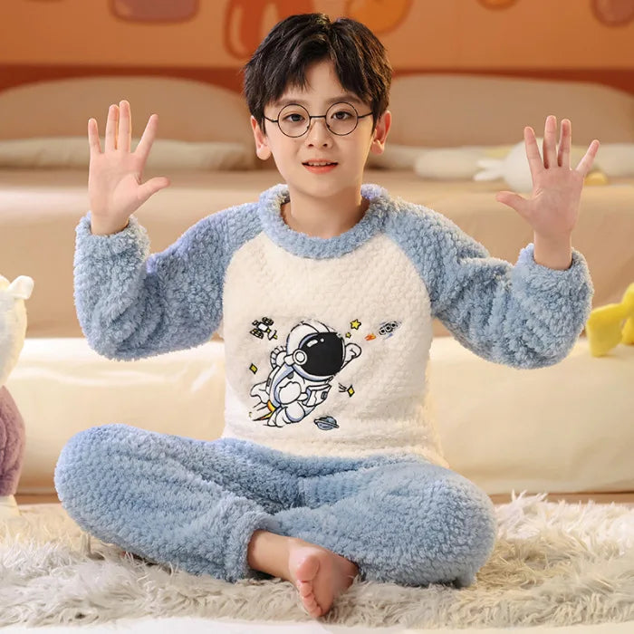 Flannel Pajamas For Boy Flannel Warm Pyjamas Kids Thicken Cartoon Teens Sleepwear Cute Big Boys Girls Night Clothes 10 12 14 16Y