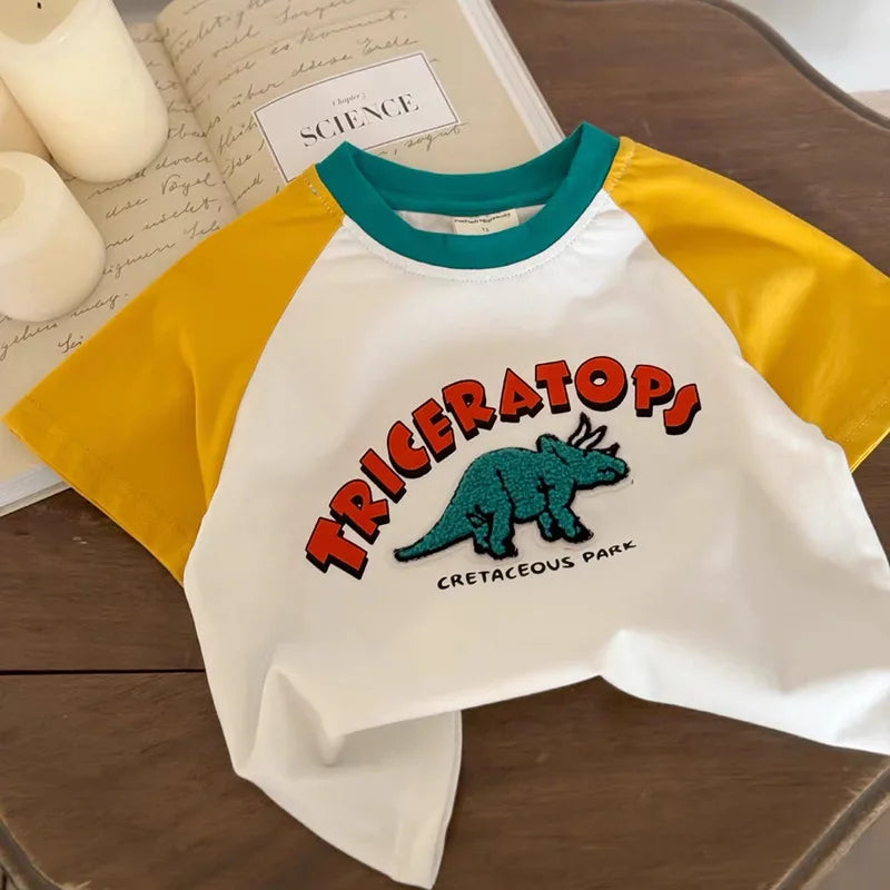 1-10 Age Kids Summer Short Sleeve Tops Boutique Fashion Childrens Crewneck T-shirt Loose Casual Patchwork Boy T-shirts