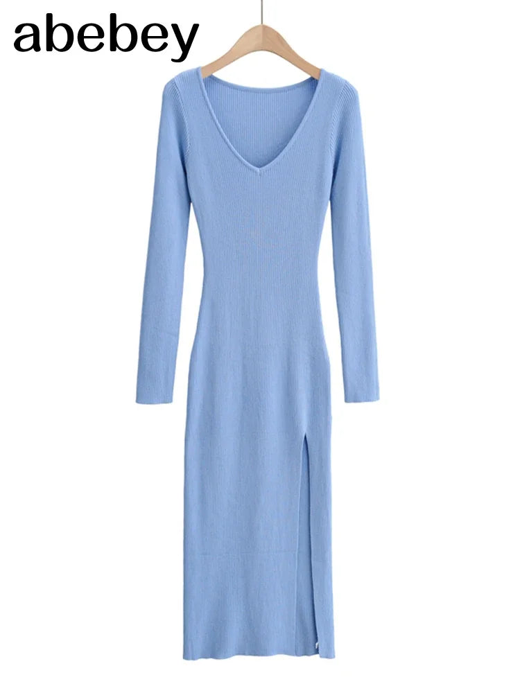 2026 New Basic Fashion Women Elastic Solid Elegant V Neck Sweater Dress Long Sleeve Ladies Side Open Midi Long Dress