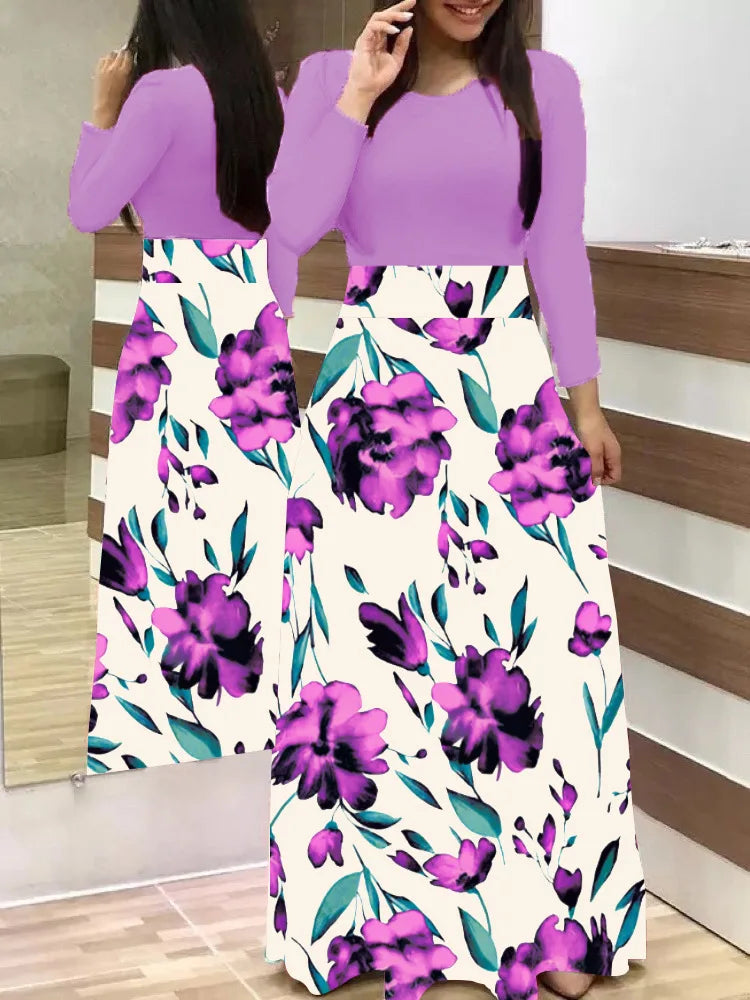 Autumn hot selling European and American flower color matching dresses, long dresses, women's clothing in stock