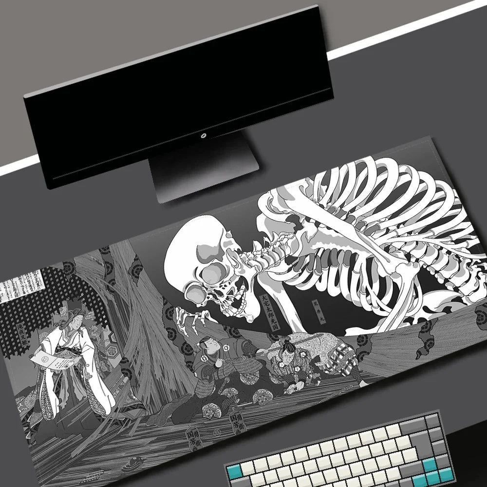 Large Japan White Skull Gaming Mouse Pad Thick Non Slip Rubber Stitched Edge Oversized Desk Mat For PC Gamer Laptop Durable