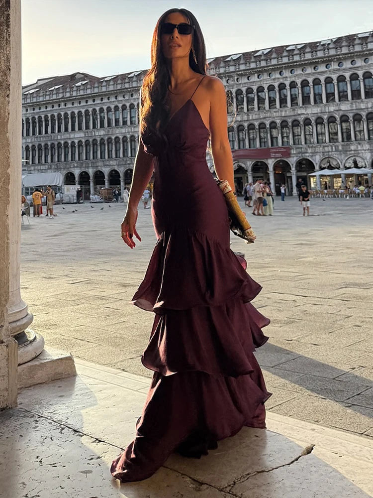 Sexy Ruffles Sling Long Cake Dress Women Sleeveless Backless V-neck Party Evening Dresses 2026 Summer Lady Slim Robes New