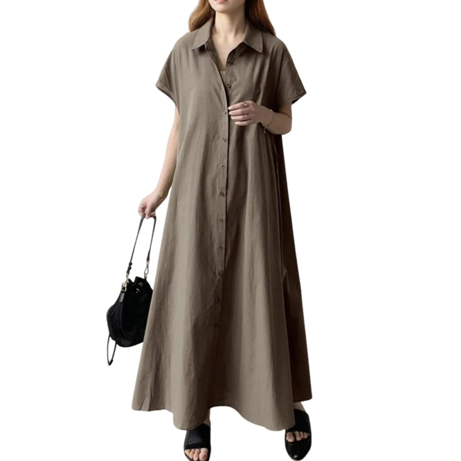 Women's shirt dress loose casual solid color lapel single-breasted short-sleeved dress summer long dresses vestidos femenino