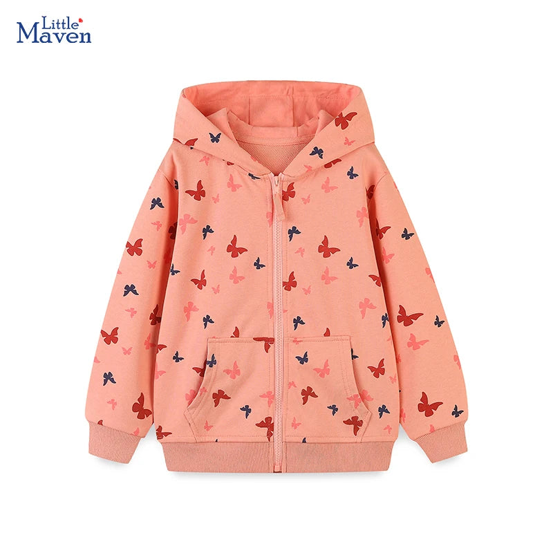 Little maven Autumn Spring Girls Zipper Hoodies Cartoon Butterfly Sweatshirt Jacket for Kids Clothes Children's Clothing