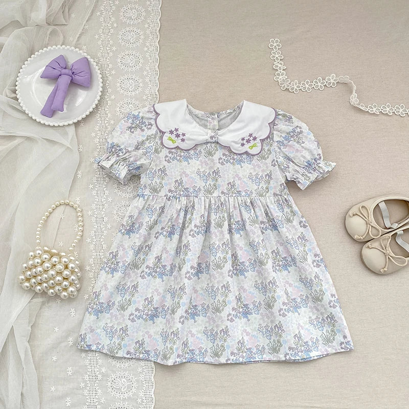 2026 New Summer Baby Girl Short Sleeve Dress Sweet Floral Puff Sleeve Dress 2-6Yrs Embroidered Collar Girl Children Dress