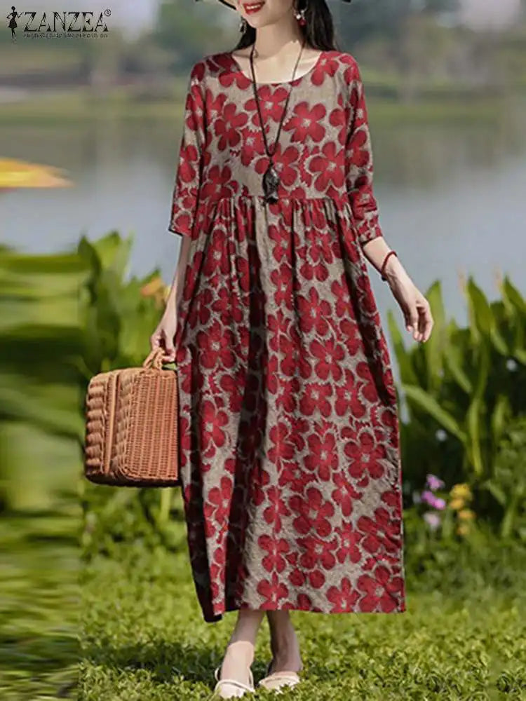 ZANZEA Vintage Floral Print Dresses Women Bohemian Long Dress Autumn Long Sleeve Maxi Sundress Stylish Holiday Robe Vestidos