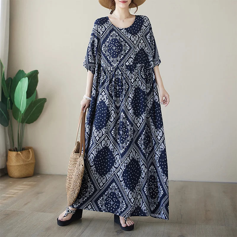 THHONE Vestidos Para Mujer Bohemian Print Maxi Long Dress for Women 2024 Floral Casual Cotton Linen Loose Vintage Robe Dresses