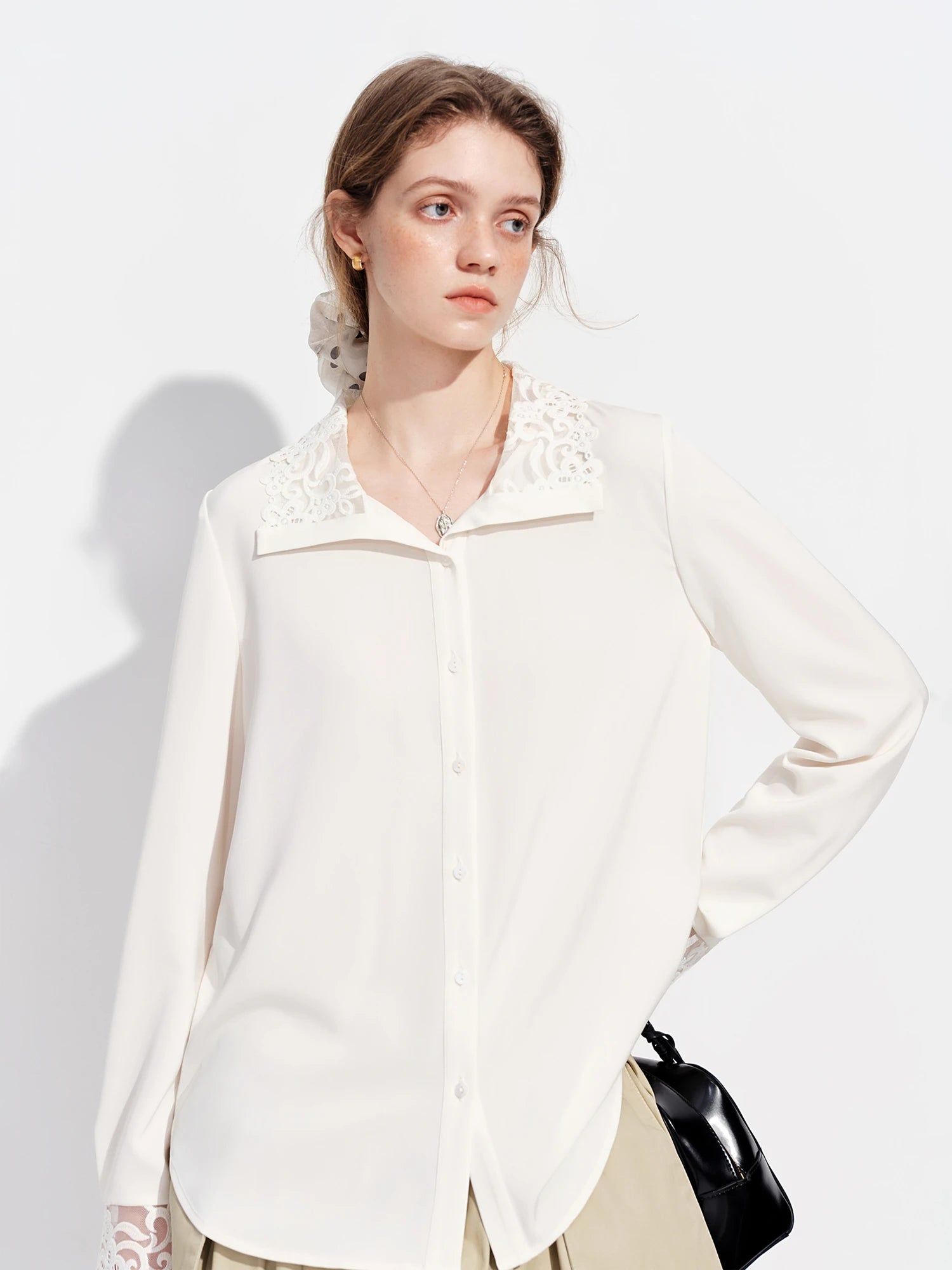 FSLE Satin Blouse for Women Suitable Commuting Straight Shoulders New Spring 2026 Style Lace Detailing Formal Occasions