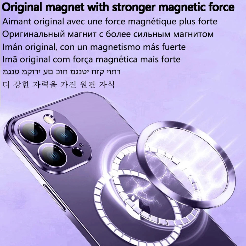 Original Clear Plating Cover For Apple Magnet Magsafe Case Iphone 15 14 Plus 13 12 11 Pro Max X Xs Xr 5K 10H Glas Camera Protect