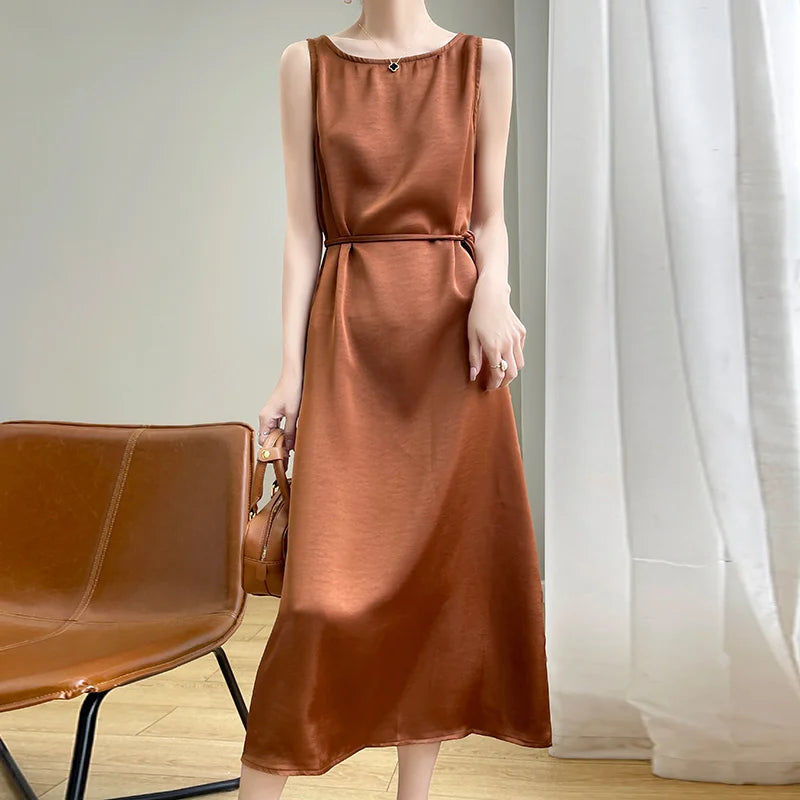 Summer 2024 Women's Sleeveless Vest Dress Korean Style Acetate Satin Long Skirt with Belt Tea Break Method Slimming Gown
