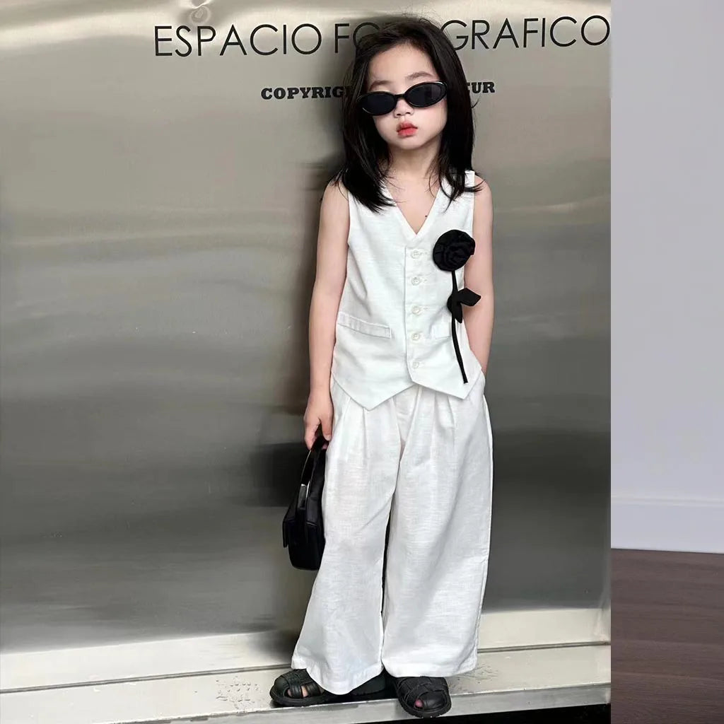 Kids White Vest Set Boys Girls Floral Decor V-Neck Waistcoat Shorts Pants Toddler Summer Formal Party Gentleman Casual Outfit