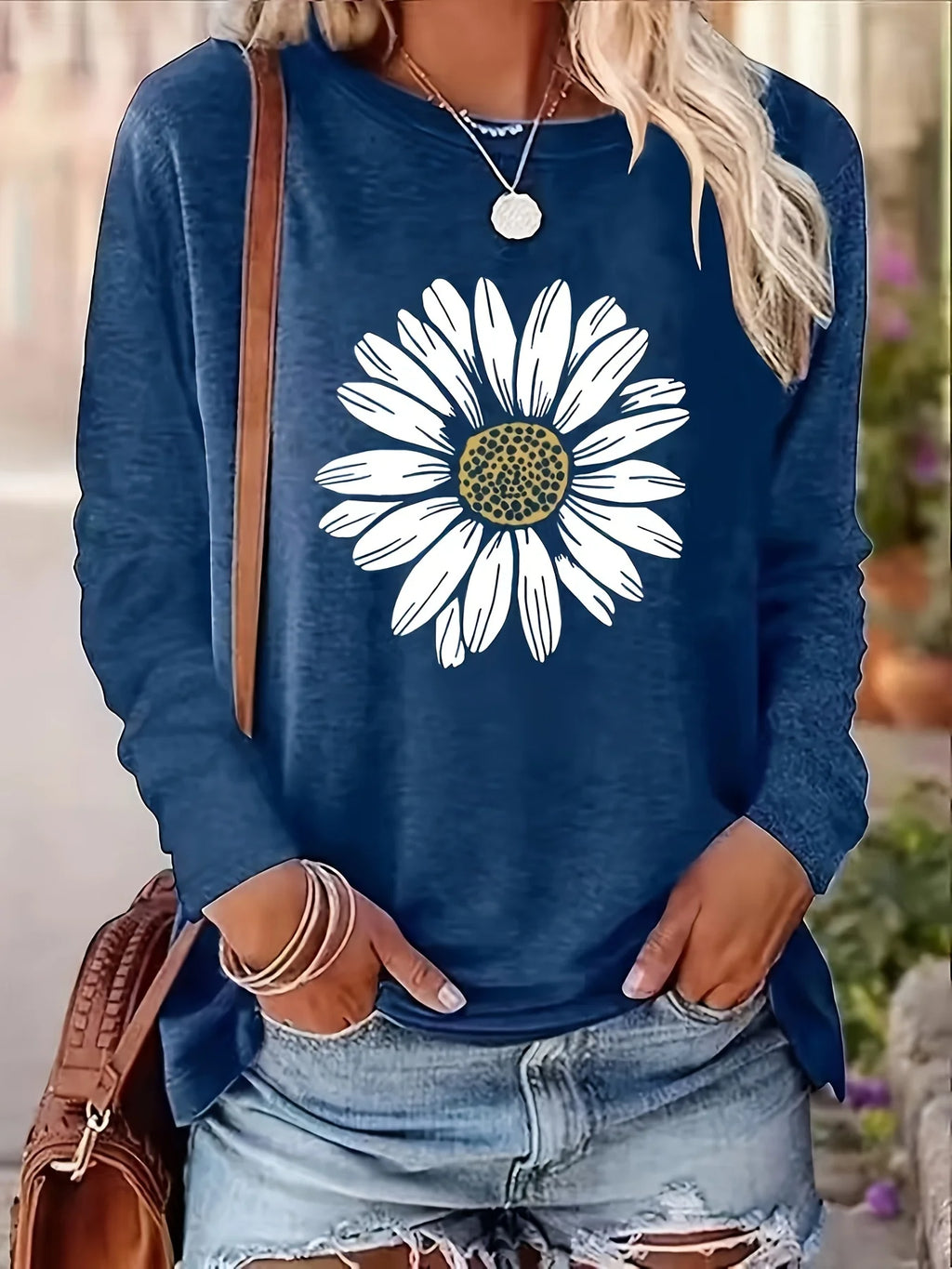 Women's autumn and winter 100% pure cotton fashionable casual loose sunflower print round neck long sleeved T-shirt top