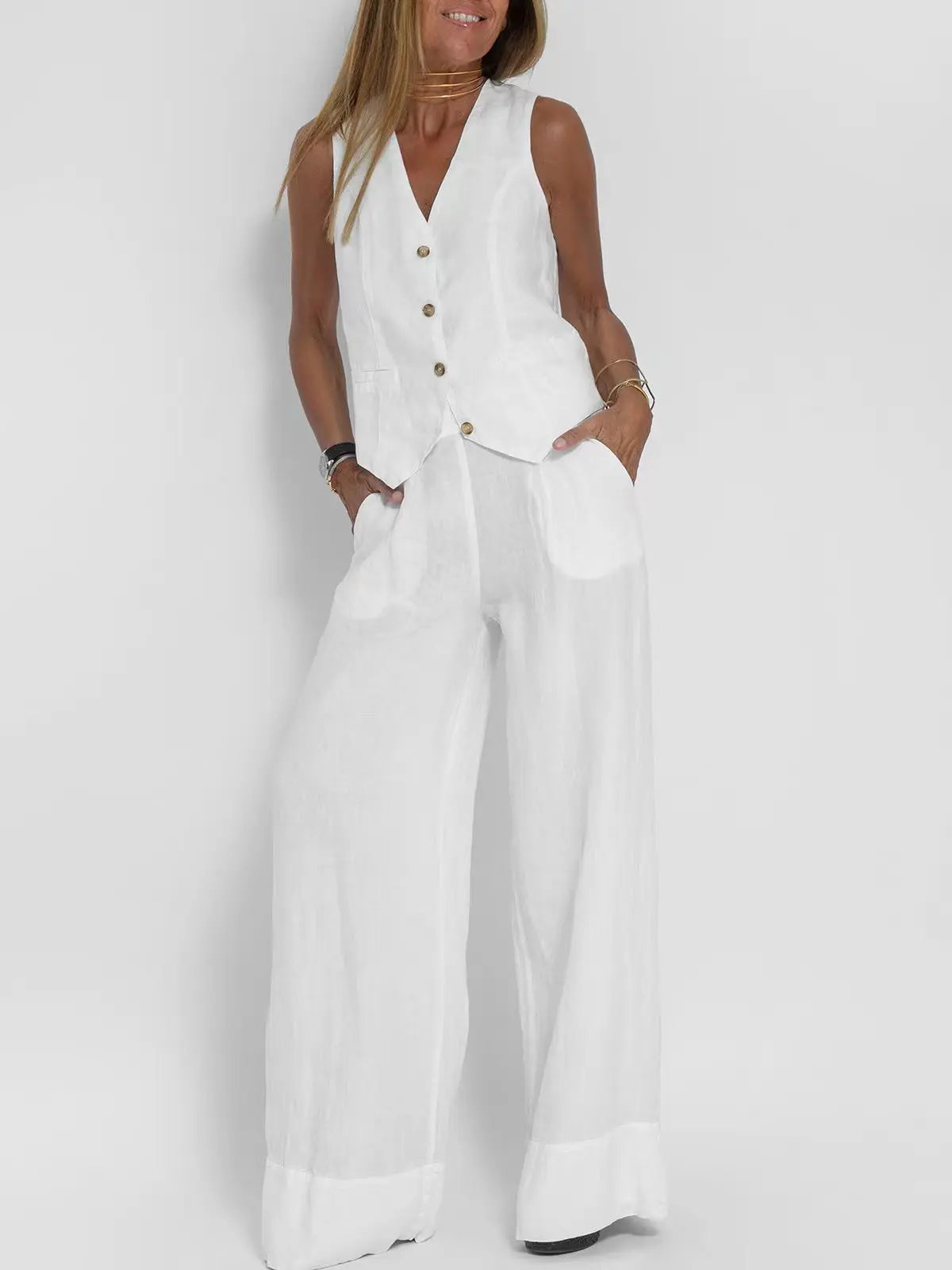 Fashion Patchwork Cotton Linen Vest Pants Casual Suit Women's High Waist Long Pants V-Neck Sleeveless Summer Outfit Set