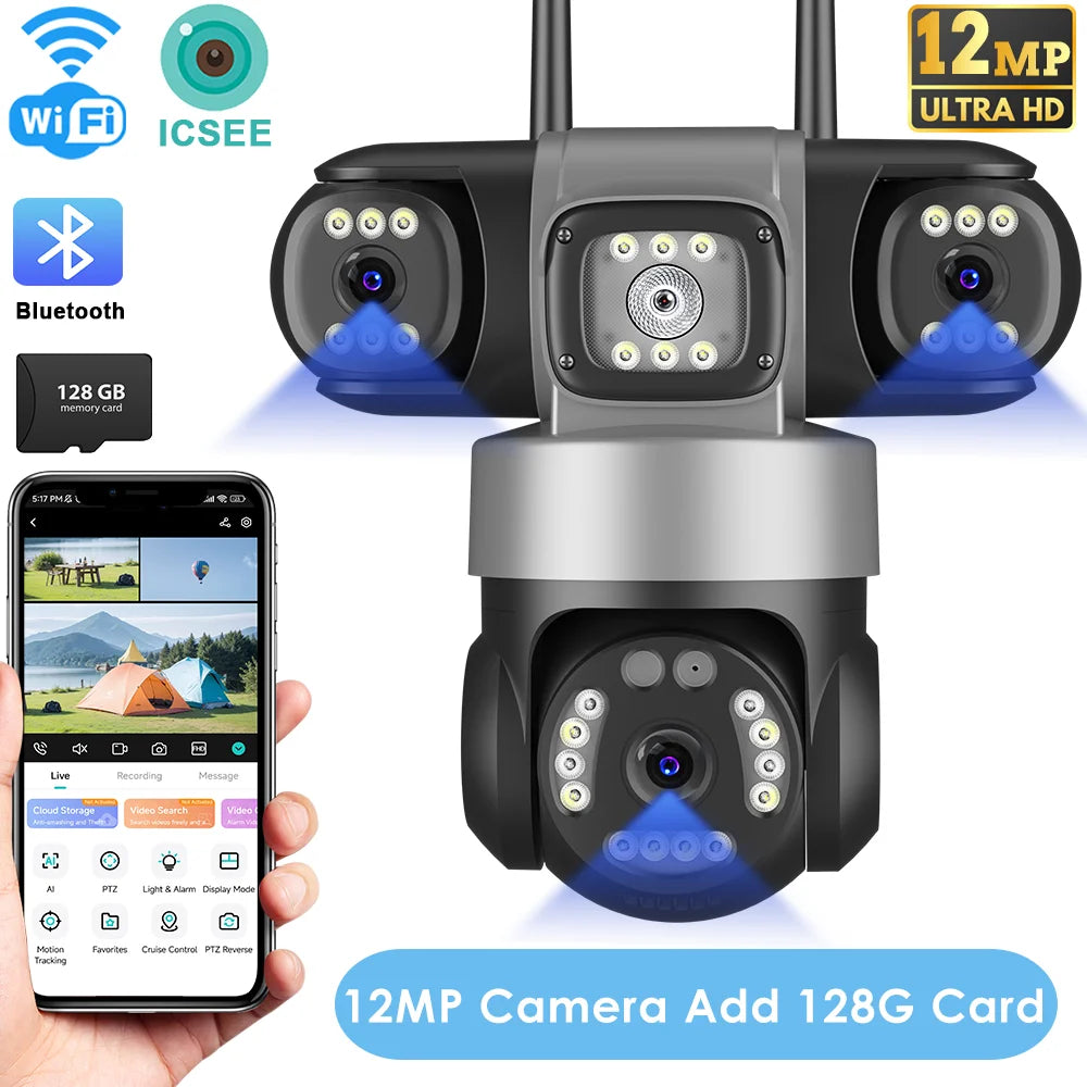 12MP Outdoors Wifi Camera 6K HD Triple Lens Triple Screens PTZ IP Security Camera Human Auto Tracking Waterproof CCTV Cam ICSEE